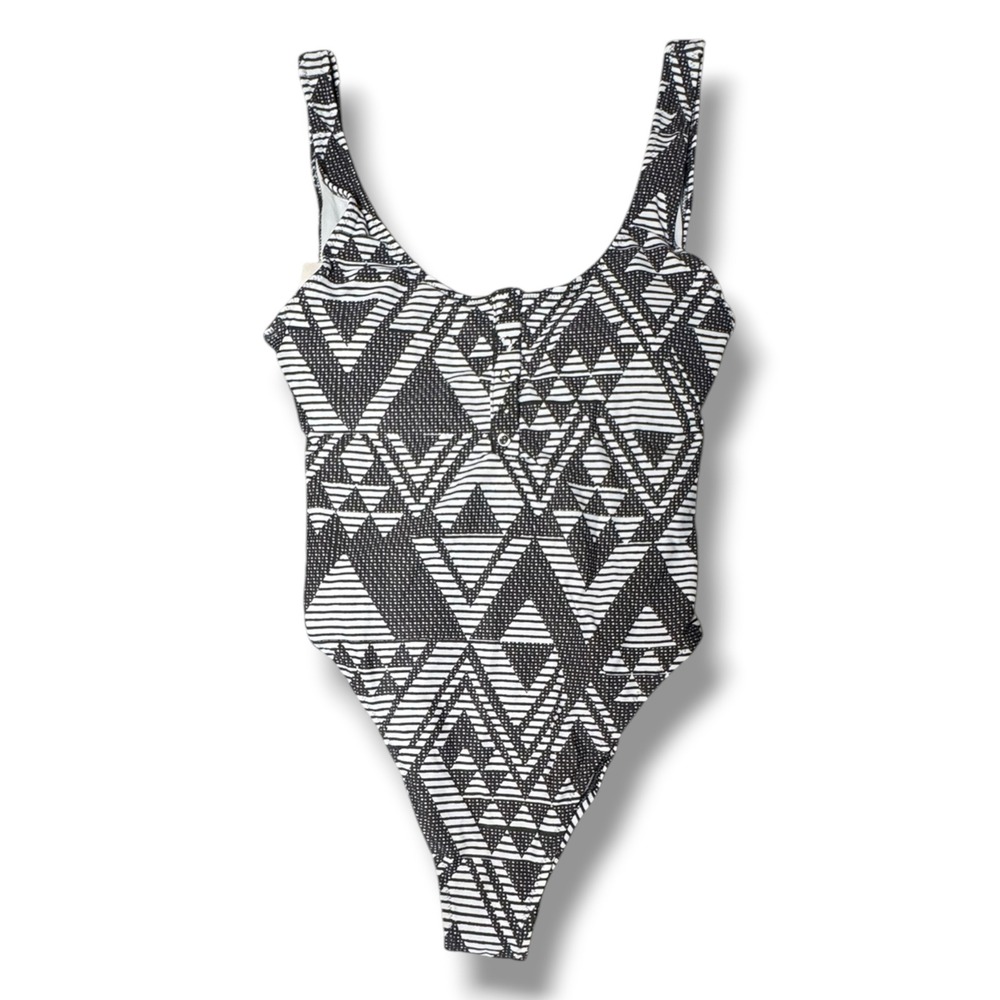 Aerie One Piece Swimsuit Women Medium Black White Geometric‎ High Cut Padded